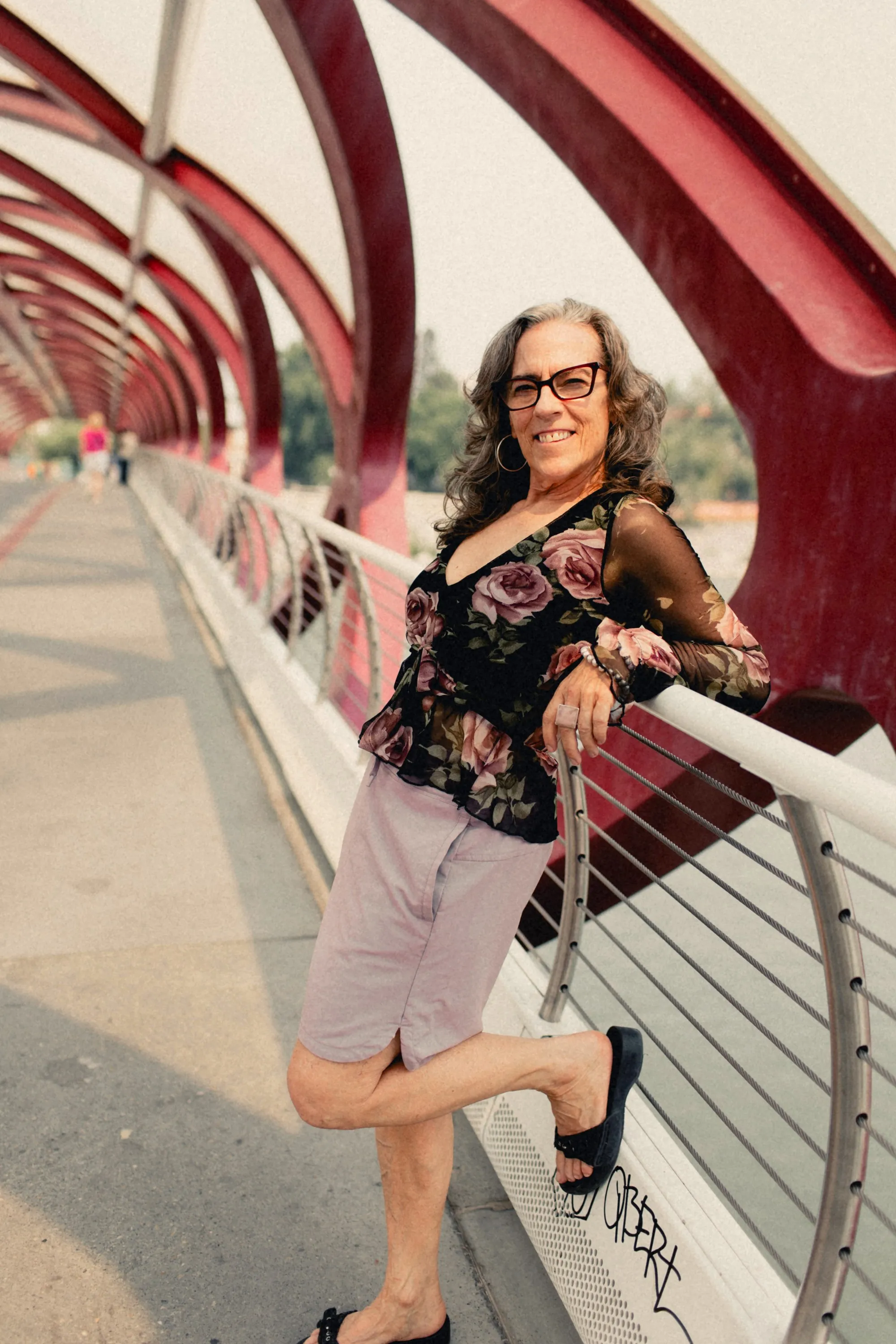 Heidi kicking up a heel on the Peace Bridge